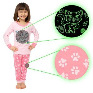Girls Cat Glow In The Dark Long Sleeve Pajamas